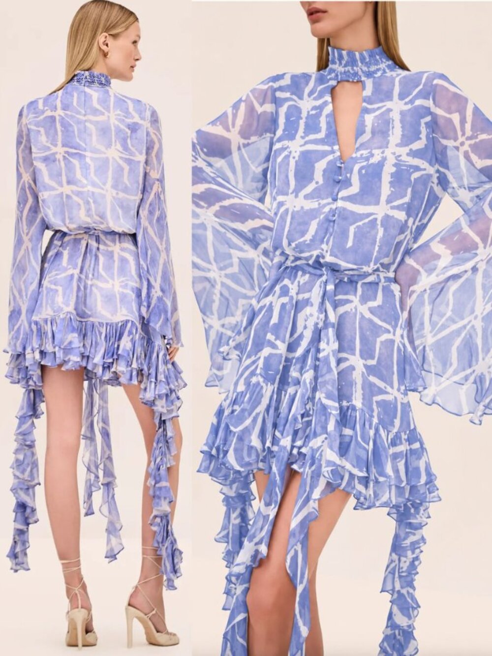 Alexis Amalia Dress Arctic Blue Chiffon Ruffle Trim Long Sleeve Mini NWT Size S